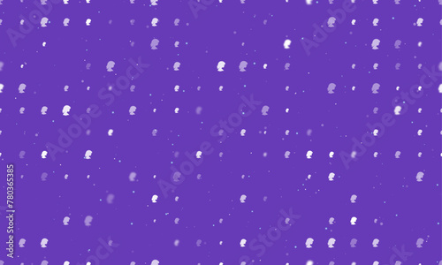 Seamless background pattern of evenly spaced white woman face profile symbols of different sizes and opacity. Vector illustration on deep purple background with stars