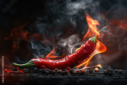 Images of a fiery red chili, a black background, and the idea of hot,Red chili pepper close-up in a burning flame on a black