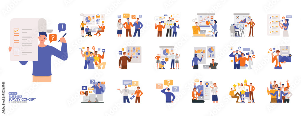 Set of Business survey concept. Includes opinion, response, poll, research, results, review, satisfactio, marketing and rating illustration. Office man and woman character vector design. Set of Business survey concept. Includes opinion, response, poll, research, results, review, satisfactio, marketing and rating illustration. Office man and woman character vector design.