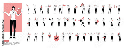 Big Set of office woman wear white suit character flat and minimal vector illustration design style. Presentation in various action. People working in office planning, thinking and economic analysis.