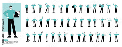 Big Set of office man wear blue shirt character flat and minimal vector illustration design style. Presentation in various action. People working in office planning, thinking and economic analysis.