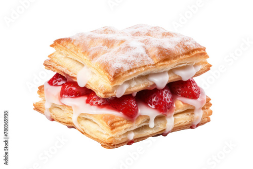 Stack of Pastries With Powdered Sugar and Strawberries. On a White or Clear Surface PNG Transparent Background.