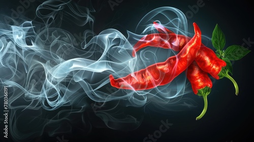 Red spicy peppers smoke. Chili peppers emitted white smoke. Realistic style,Red hot smoke chili pepper burning in flames.
