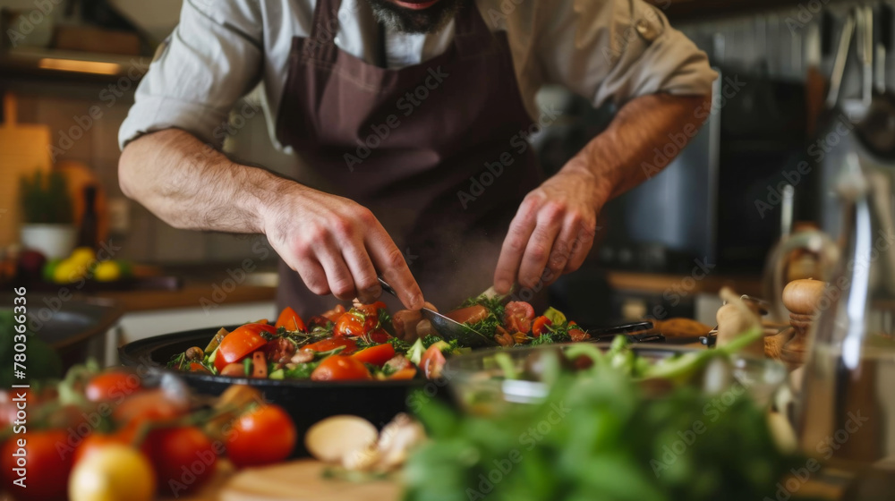 Close-up of male hands preparing lunch or dinner in the kitchen. Young man preparing delicious food at home. Cooking concept, lifestyle.