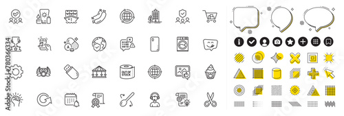 Set of Sausage, Winner cup and World insurance line icons for web app. Design elements, Social media icons. Recovery gear, Music phone, Cake icons. Yummy smile, Calendar, Like photo signs. Vector