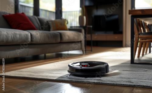 Robotic vacuum cleaner navigating around living room furniture, illustrating the convenience of automated home cleaning technology.
