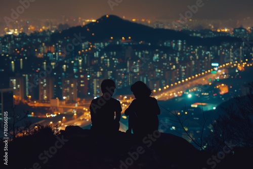 A couple man and woman sitting on a high place on mountain or rooftop and looking at cityscape and lights and buildings, romantic atmosphere photography silhouette at night.