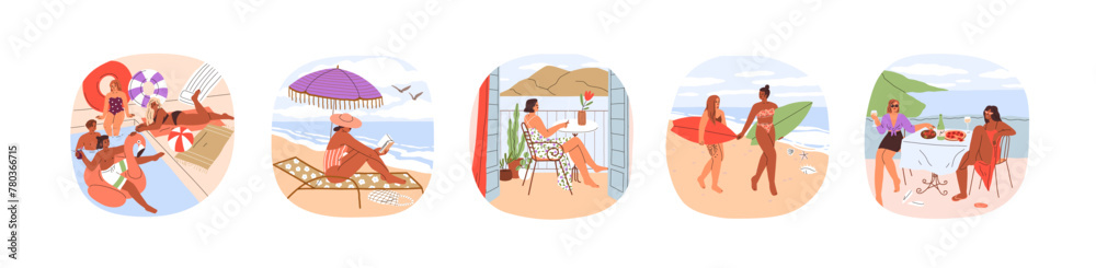Naklejka premium Summer holiday leisure set. Women tourists relaxing at pool, sunbathing, reading on beach, surfing on vacation. Rest, relaxation at sea resort. Flat vector illustration isolated on white background
