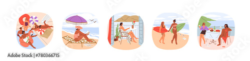 Summer holiday leisure set. Women tourists relaxing at pool, sunbathing, reading on beach, surfing on vacation. Rest, relaxation at sea resort. Flat vector illustration isolated on white background © Good Studio