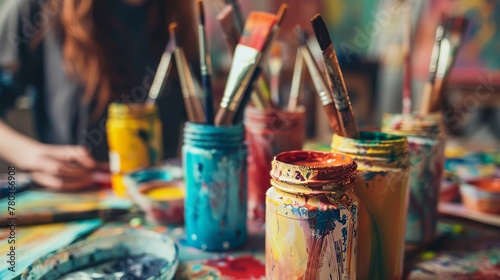 People expressing themselves doing art during an art therapy workshop, with paints, brushes, canvases. Therapeutic benefits of creativity and self-expression in mental health and emotional well-being