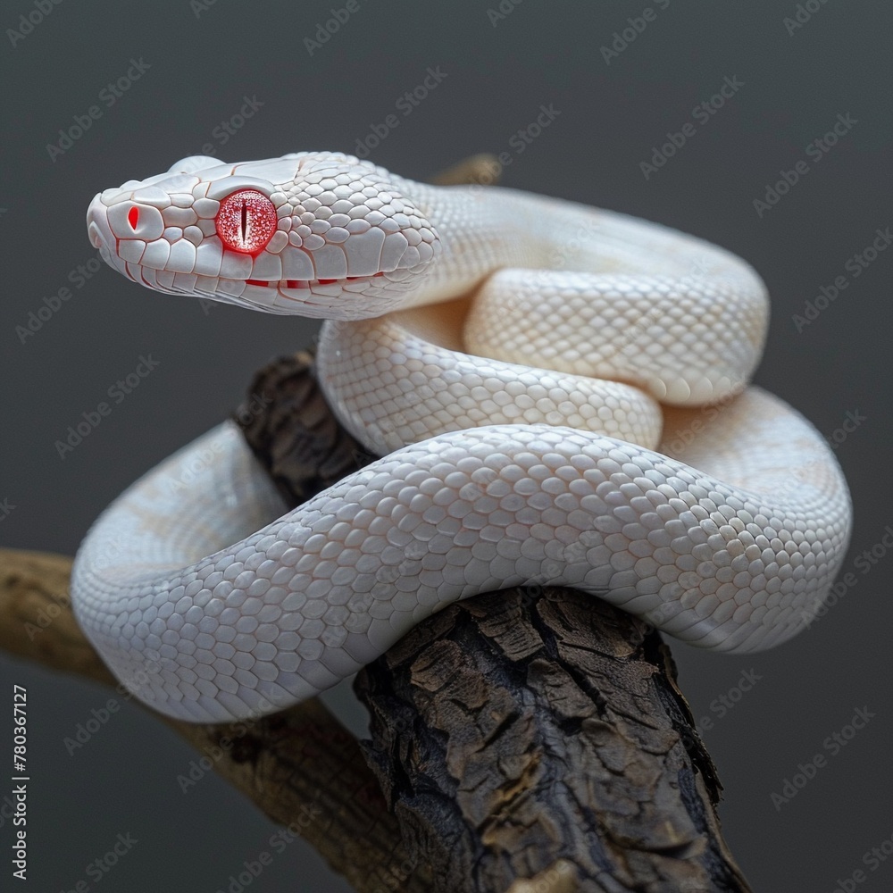 Fototapeta premium A mesmerizingly lifelike albino snake with glowing red eyes coiled around a branch.