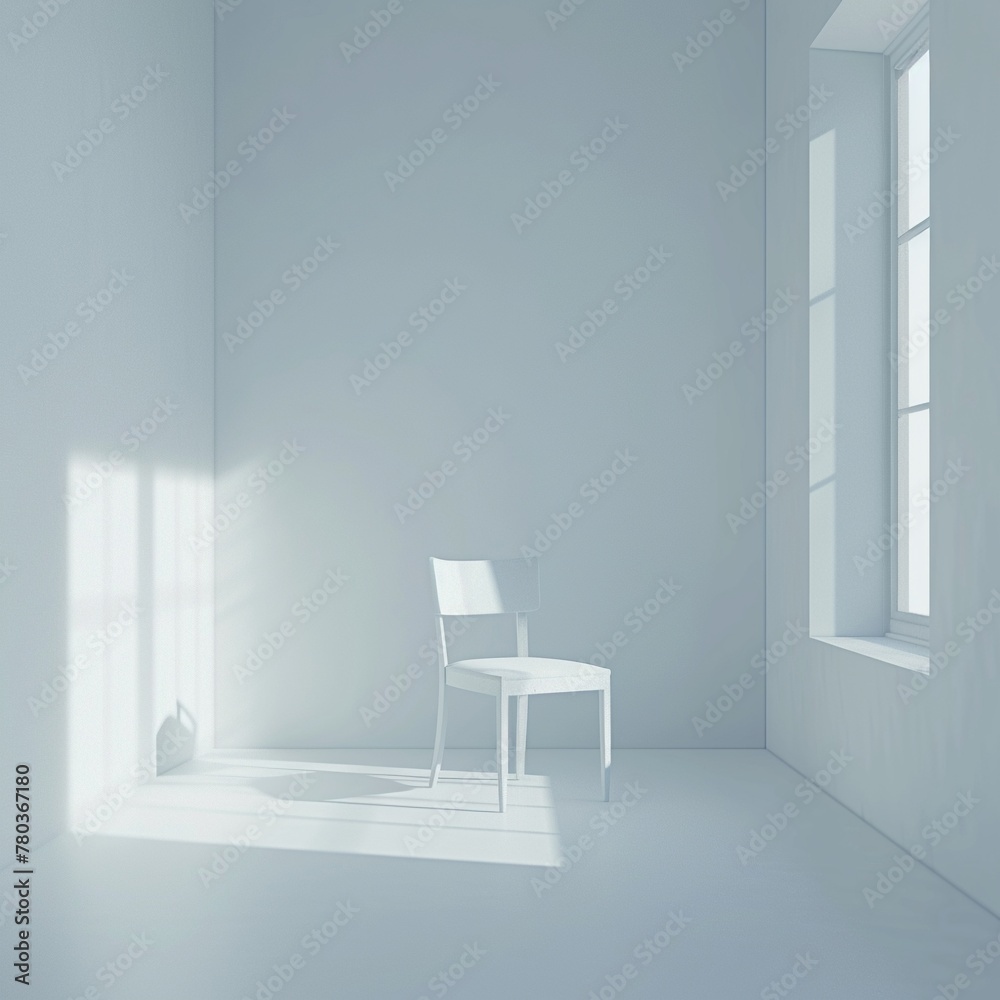 A stark white room with only a single chair in the center.