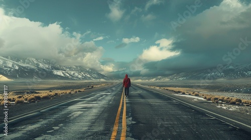 A lone drifter on a deserted highway. photo