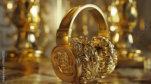 A luxurious pair of headphones with an intricate design captured in a highfashion editorial setting , 3d render