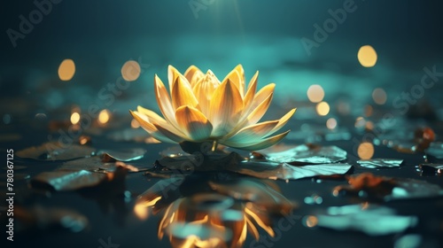 Glowing lotus flower on turquoise water background with ample space for text placement