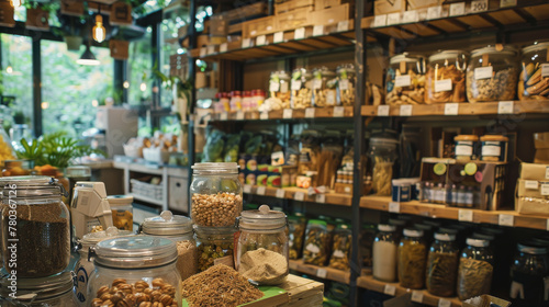 Zero waste grocery store where customers bring their own containers to fill with bulk food items and package-free products , concept of reducing waste and conscious consumption and minimal packaging photo