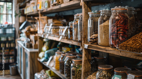 Zero waste grocery store where customers bring their own containers to fill with bulk food items and package-free products , concept of reducing waste and conscious consumption and minimal packaging