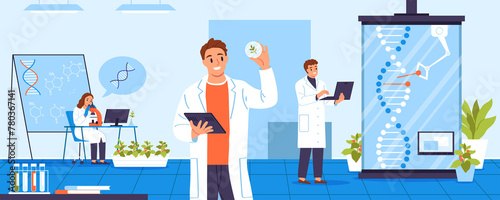 Hand drawn flat biotechnology composition background with scientists working in a lab