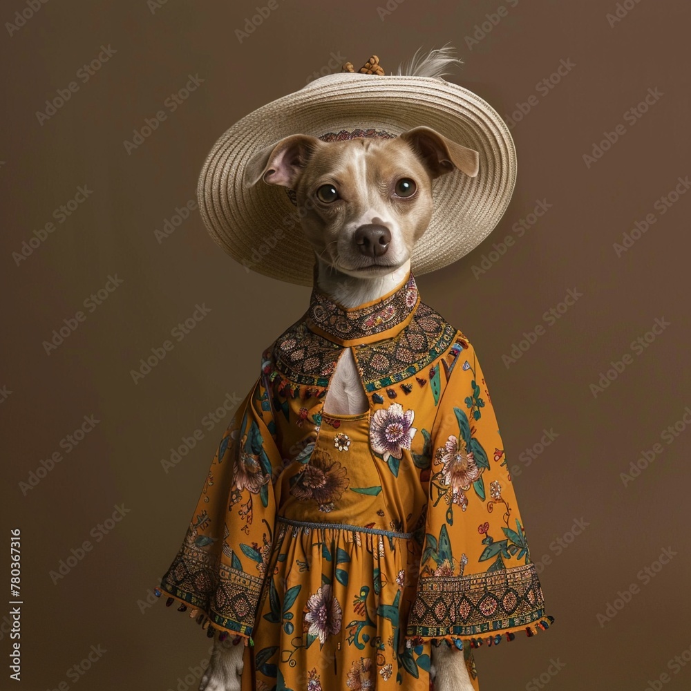 Anthropomorphic dog character dressed in a bohemian dress and floppy hat.