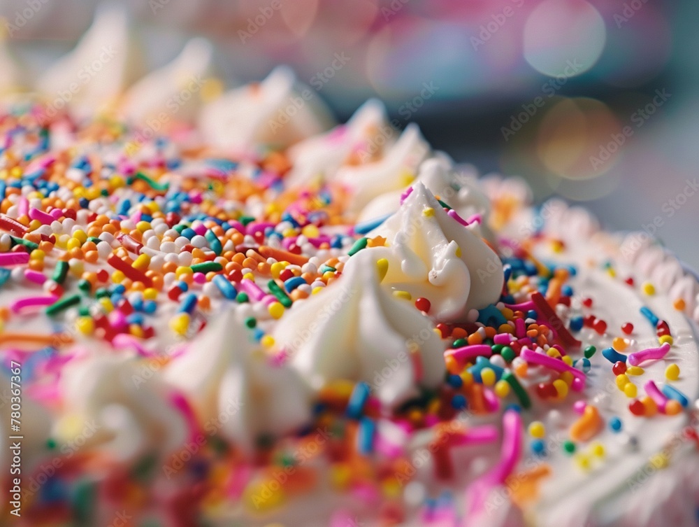 Detailed shot of sprinkles on a birthday cake.