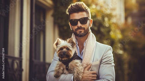 Handsome Man with Yorkshire Terrier, Street Photo photo
