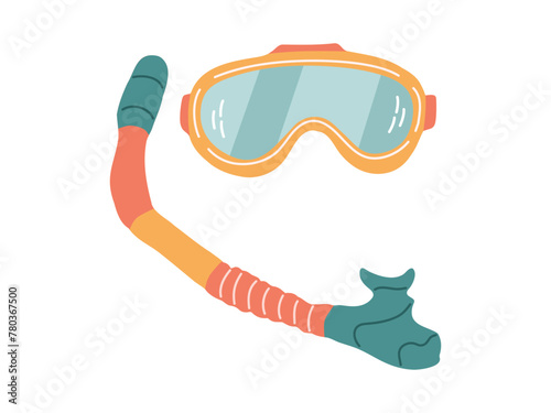 Cute hand drawn diving mask and snorkel, vector Marine concept elements. Flat illustration on white background.