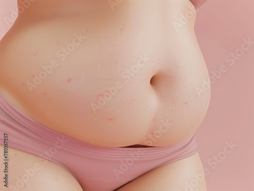 Close-up of a woman's midsection showing skin texture and folds in pastel pink, promoting body positivity.