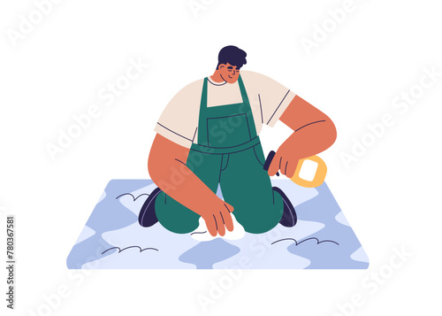 Professional cleaner cleaning, washing carpet. Cleanup worker with chemical spray, detergent cleanser bottle for rug tidying, housework. Flat graphic vector illustration isolated on white background