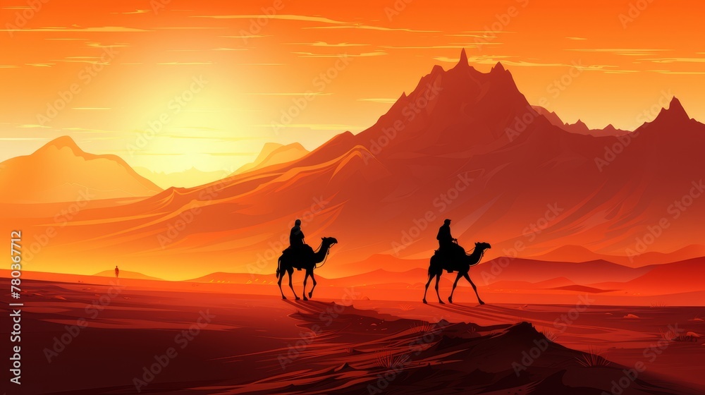 Tranquil desert night camels under moonlight scenic banner of desert landscape