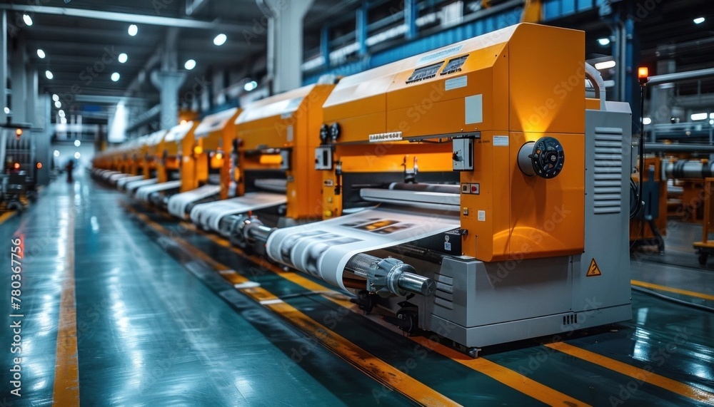 Large Printing Press Machine in a Modern Printing Facility with Colorful Paper Rolls