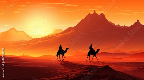 Tranquil desert night camels under moonlight scenic banner of desert landscape
