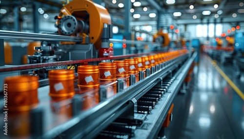 Factory production line with machinery and orange products on conveyor belt in motion blur