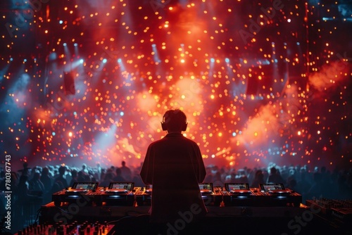 Female DJ Performing in Nightclub with Red and Orange Laser Lights and Smoke on Stage