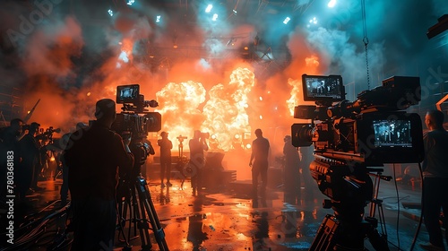 A film crew on set, shooting an action movie fighting scene