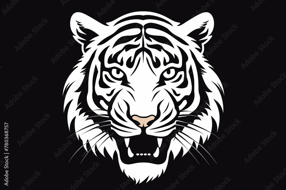 Black and white vector-style face of a tiger isolated on a solid background.