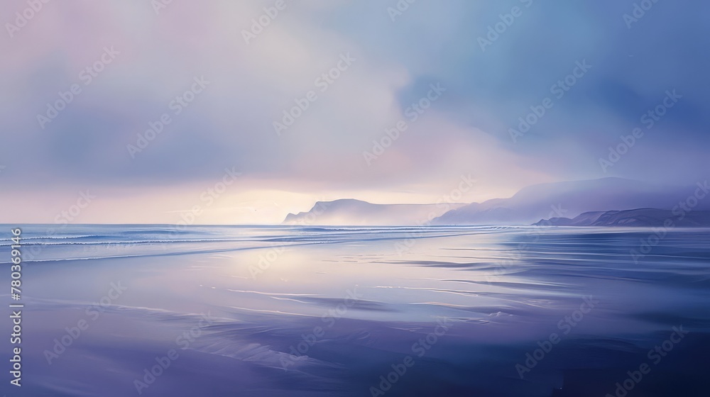 A secluded beach at dawn, where the first light of day paints the sky in soft pastel hues, reflected in the tranquil waters of the sea.