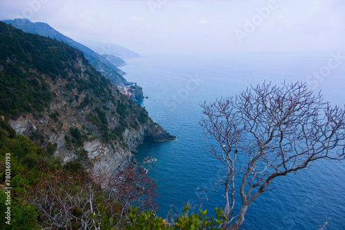 Stunning coastal landscape showcasing steep cliffs and the vast Mediterranean Sea from a high vantage point photo