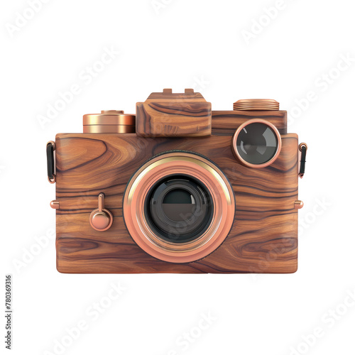 A wooden camera with a lens