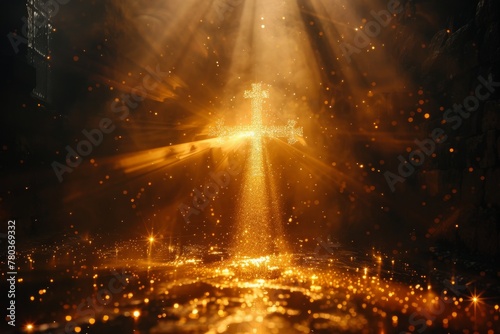 A golden cross is lit up by the sun, creating a warm and inviting atmosphere