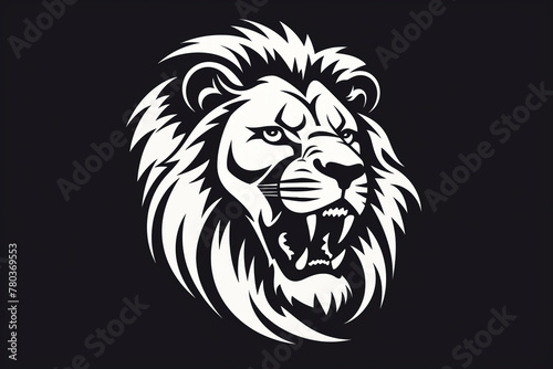 Black and white vector-style face of a lion isolated on a solid background.