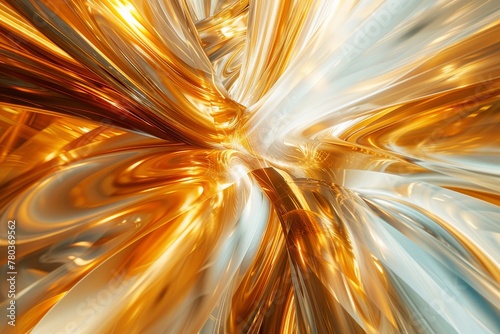 Abstract gold metallic forms soaring high in the sky, featuring fast movements and radial zoom motion blur