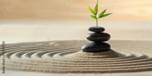 A serene Zen garden with circular raked sand patterns, with black stones stacked with small bamboo ,Stacked zen stones sand, spa, calm