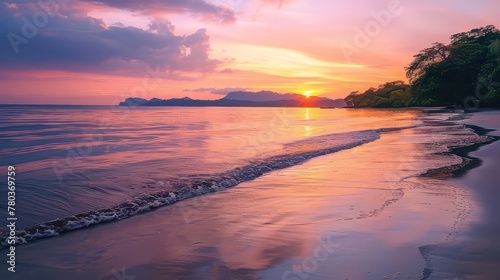 A secluded beach at dusk  where the fading light of day sets the sky ablaze with hues of orange and pink  reflected in the calm waters.