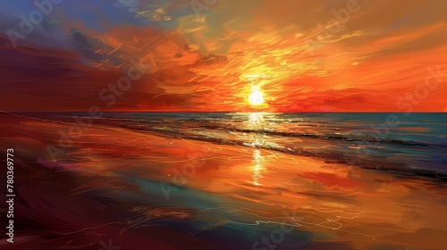 A secluded beach at dusk  where the sky is ablaze with fiery hues of orange and red  and the tranquil sea reflects the colors of the setting sun.