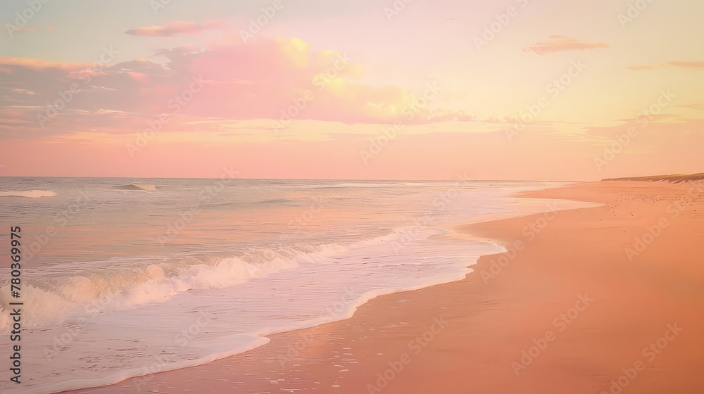 A secluded beach at sunrise, where the first light of day paints the sky in hues of pink and gold, casting a warm glow on the sand.