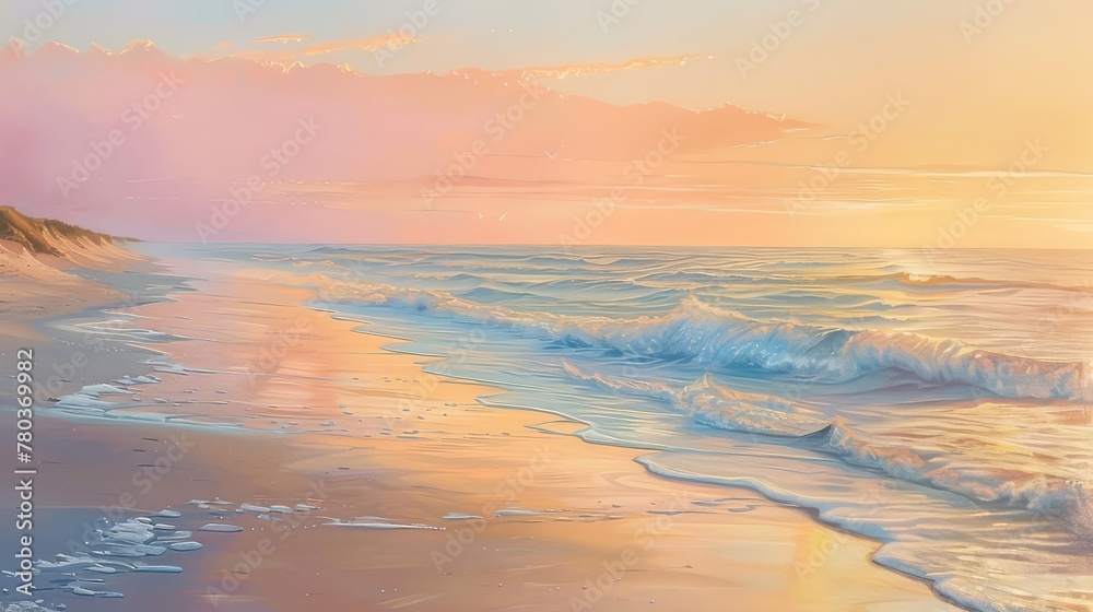 A secluded beach at sunrise, where the horizon is painted in hues of pink and gold, and the gentle waves whisper secrets to the sandy shore.