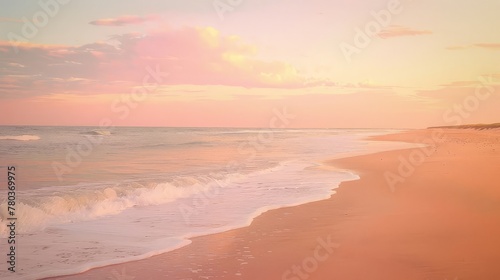 A secluded beach at sunrise, where the first light of day paints the sky in hues of pink and gold, casting a warm glow on the sand. © Sardar