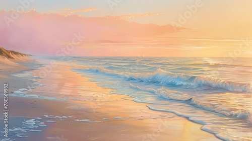 A secluded beach at sunrise, where the horizon is painted in hues of pink and gold, and the gentle waves whisper secrets to the sandy shore.