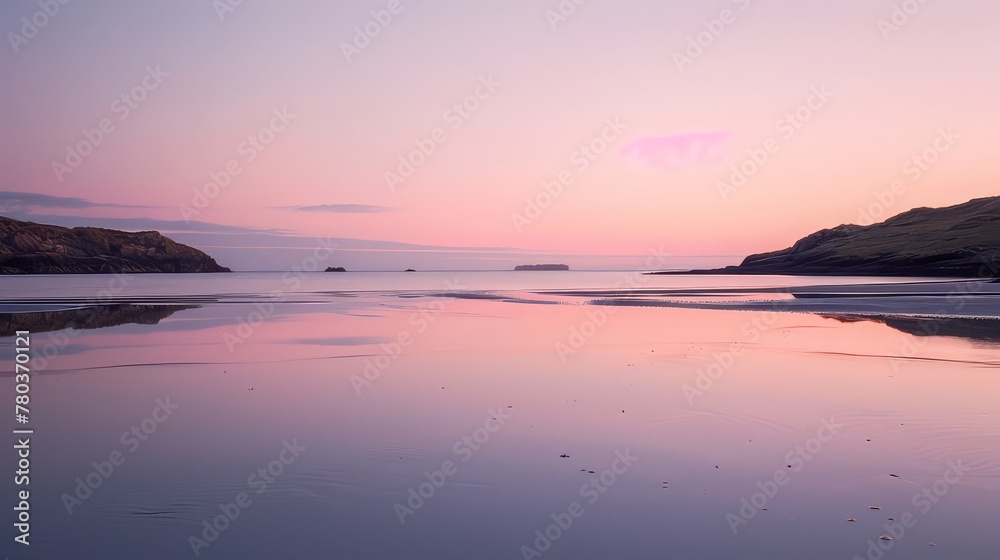 A secluded beach at twilight, where the last rays of sunlight paint the sky in shades of pink and orange, mirrored in the tranquil sea.