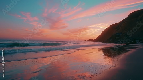 A secluded beach at twilight, where the last rays of sunlight paint the sky in shades of pink and orange, mirrored in the tranquil sea.